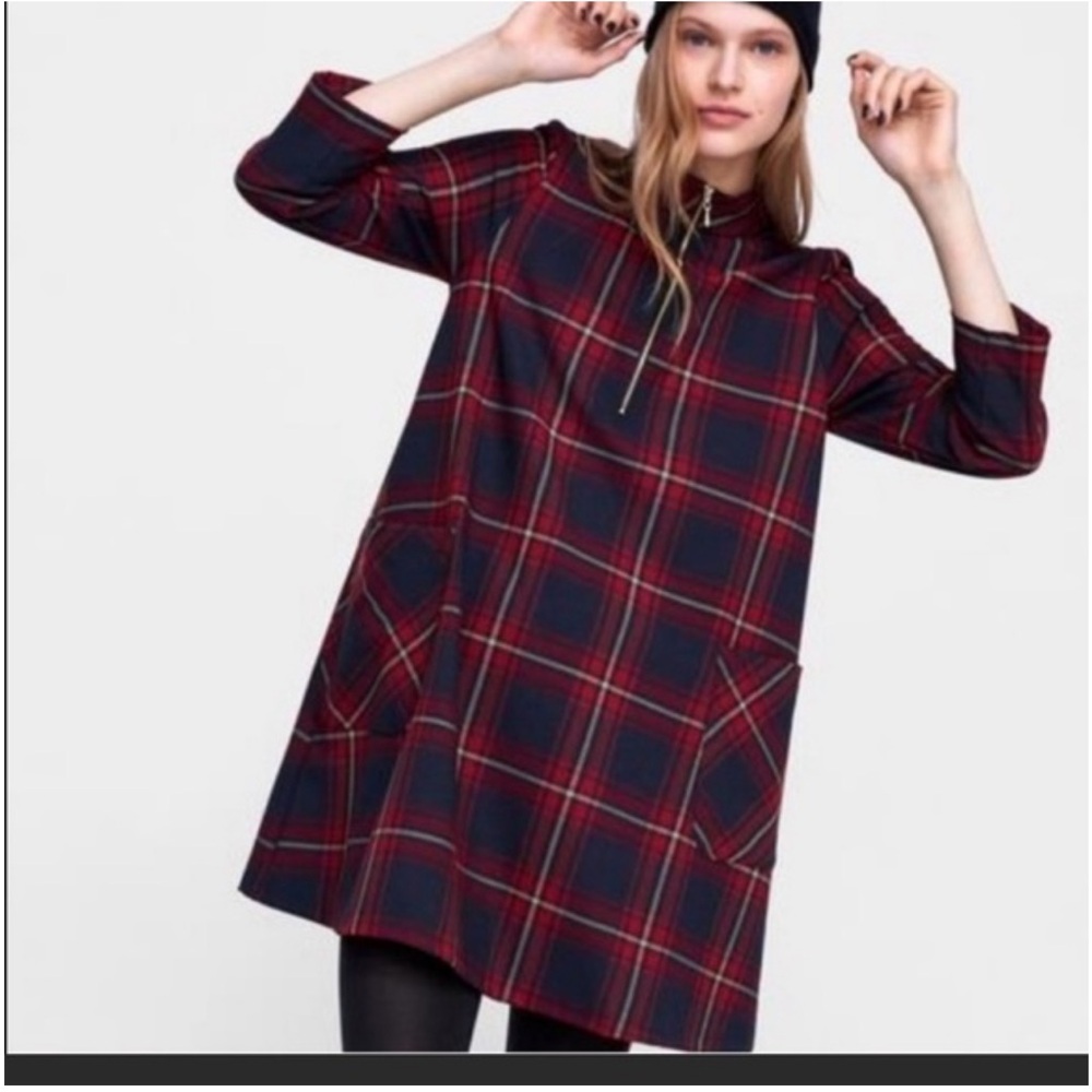 Zara Plaid Red and Black Women's Dress shirt dress size M